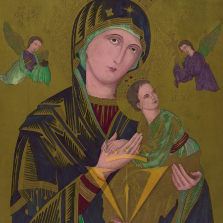 Virgin Mary holding Jesus, flanked by Arc Angels Michael and Gabriel, by unknown artist, 1870